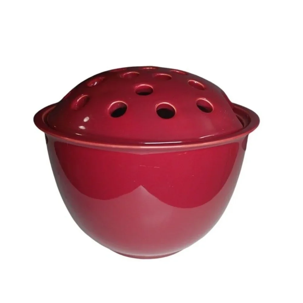 Flower Floral Glazed Ceramic Plant Pot with Frog Lid Burgundy / Maroon Vase Bowl
